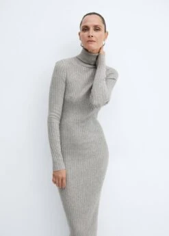 Robe Midi Maille Côtelée Col Montant